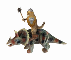 The beige cat knight in a boots and a helmet with a spiked mace and a shield is riding a war triceratops. White background. Isolated.