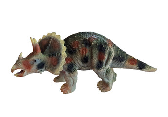 There is a toy dinosaurs triceratops. White background. Isolated. 