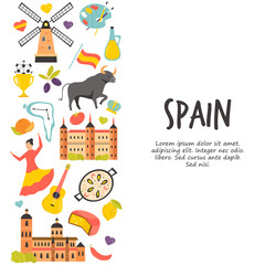 Naklejka premium Tourist poster with famous destinations and landmarks of Spain. Explore Spain concept image.