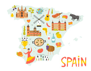 Bright illustrated map of Spain with symbols, icons, famous destinations, attractions.