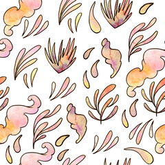 Seamless watercolor pattern. Plants, clouds, dogs on a white background