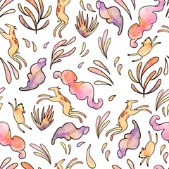 Seamless watercolor pattern. Plants, clouds, animals on a white background