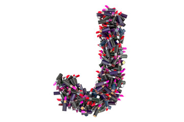 Letter J from colored lipsticks, 3D rendering