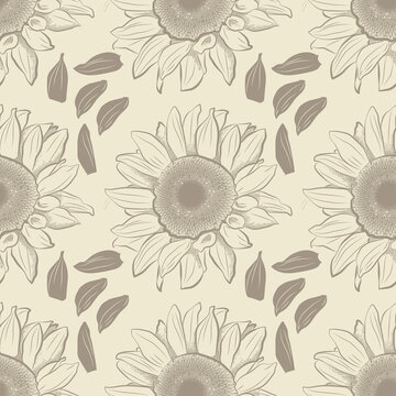Seamless pattern with sunflowers in engraving vintage style. 
Can be used for label, banner, fabric, tablecloth, gift wrap or other