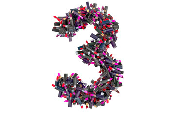 Number 3 from colored lipsticks, 3D rendering