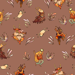 Seamless watercolor pattern. Shamanic dancing characters with plants on a gently brown background.