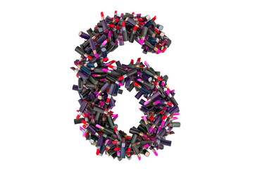 Number 6 from colored lipsticks, 3D rendering
