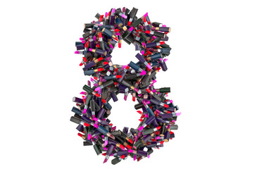 Number 8 from colored lipsticks, 3D rendering