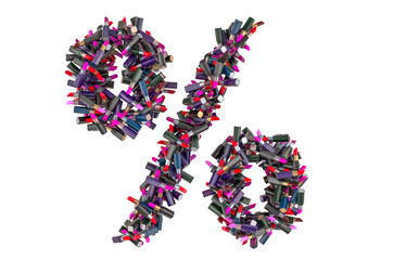 Percent symbol from colored lipsticks, 3D rendering