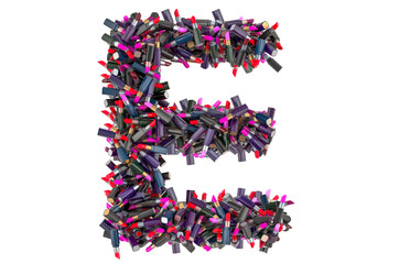 Letter E from colored lipsticks, 3D rendering