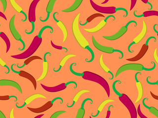 Chili pepper seamless pattern. Spicy spice for dishes. Background for menu, print advertising products, wrapping paper and banners. Vector illustration