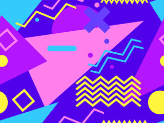 Fototapeta premium Memphis seamless pattern with geometric shapes in the style of the 80s. Multi-colored triangles, circles and zigzags for promotional products, wrapping paper and printing. Vector illustration