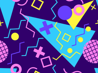 Memphis seamless pattern with geometric shapes in the style of the 80s. Multi-colored triangles, circles and zigzags for promotional products, wrapping paper and printing. Vector illustration