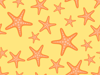 Fototapeta na wymiar Starfish seamless pattern on a sandy beach. Summer background for promotional products, wrapping paper and printing. Vector illustration