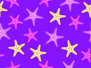 Seamless pattern with colorful starfish on a violet background. For promotional products, wrapping paper and printing. Vector illustration