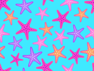 Seamless pattern with colorful starfish on a blue background. For promotional products, wrapping paper and printing. Vector illustration