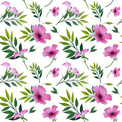 Seamless floral print, bright purple with pink flowers and green twigs with leaves, white background.