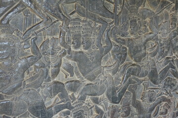 Stone wall carving at Hindu temple, Angkor Wat, Cambodia
