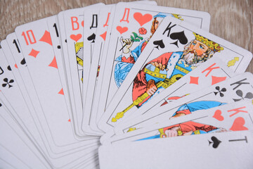 Playing cards set close up. Lot of old playing cards.