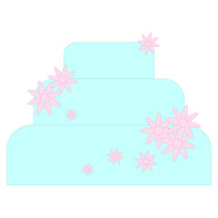 Vector wedding cake on white background. Three-tiered wedding cake. Bridal cake icon for wedding card, invitation, greeting card, stickers, web design, mobile app concept. Tasty cake with decorations