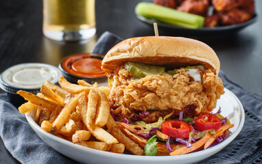 fried chicken sandwich with coleslaw and french fries