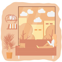 Young woman sitting on sofa, looking at the window. Cozy living room interior. Evening or early morning view, city landscape. Girl drinks coffee in relaxing atmosphere with happy mood. 