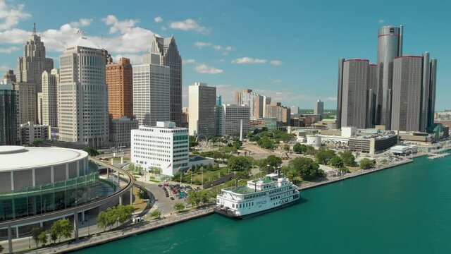 Aerial Flying Over River Toward Downtown Detroit.