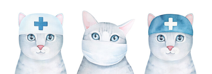 Illustration set of different cat characters wearing surgery face mask and hat with medical cross sign. Hand drawn watercolour graphic paint on white background, isolated clip art elements for design.