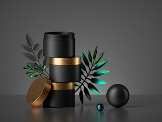 3d render. Black cosmetic bottles and golden lid caps, tropical leaves. Cream jar containers. Beauty products for men advertisement. Commercial banner template. Showcase mockup