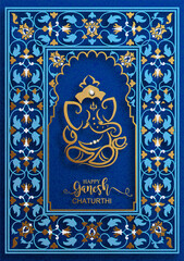 Festival of Ganesh Chaturthi with golden shiny Lord Ganesha patterned and crystals on paper color Background.