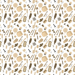 Zero waste eco seamless repeating pattern on white background with kitchen and bothroom goods for print for packaging texture  
