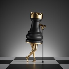 3d render, surreal concept, chess game piece, black rook object with golden slim legs, classic checkered floor, abstract modern minimal design - obrazy, fototapety, plakaty