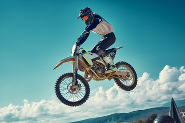 Motocross concept, a biker goes off-road making extreme skiing. In pursuit of adrinalin, sport...
