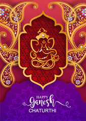 Festival of Ganesh Chaturthi with golden shiny Lord Ganesha patterned and crystals on paper color Background.
