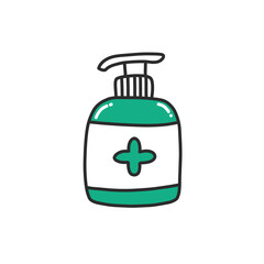 alcohol gel, hand sanitizer doodle icon, vector color illustration