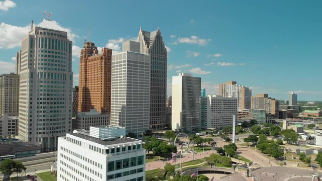 Downtown Detroit Aerial Flying Toward Buildings On Jefferson