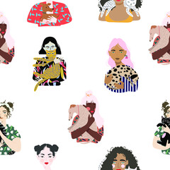 Seamless pattern. 
Girls hold their pets in their arms. Hand drawn trendy vector flat illustration.  Design for banner, card, placard, brochure. 
Transparent background