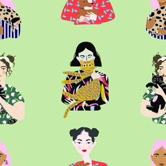 Seamless pattern. 
Girls hold their pets in their arms. Hand drawn trendy vector flat illustration.  Design for banner, card, placard, brochure. 