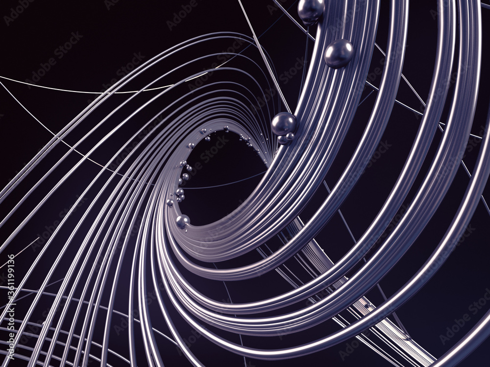 Poster abstract 3d rendering silver jewelry with shiny shapes beads on a dark background