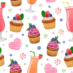 Watercolor seamless pattern. Sweets and hearts. Cocktails and cupcakes with cream and fresh berry. Hand drawn holiday background for design print, card, wrapping paper, textile, fabric, scrapbooking