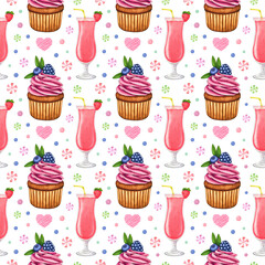 Watercolor seamless pattern. Sweets and hearts. Cocktails and cupcakes with cream and fresh berry. Hand drawn holiday background for design print, card, wrapping paper, textile, fabric, scrapbooking