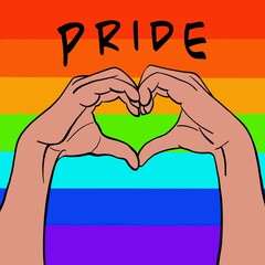 Fototapeta premium Stand up for pride, Pride LGBT rainbow flag, t-shirt print, Hand with LGBT flag, heart lgbt sign 