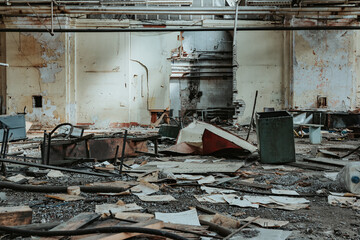 Deserted old warehouse, prepared for demolition. View of devastation. Danger of collapse of emergency scary building. Ruin Concept