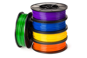 Black, red, blue, green, violet, orange, yellow, white filament 3d printer isolated on white...