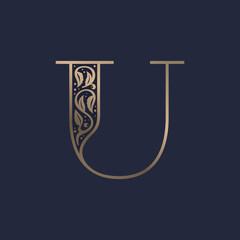 Vintage U letter logo with premium decoration. Classic line serif font.