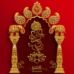 Festival of Ganesh Chaturthi with golden shiny Lord Ganesha patterned and crystals on paper color Background.