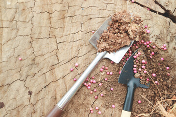 Gardening tool shovel and soil on wooden background