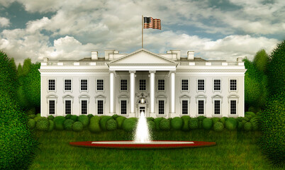 North View of the White House with Trees and Fountain– 3D Illustration - obrazy, fototapety, plakaty