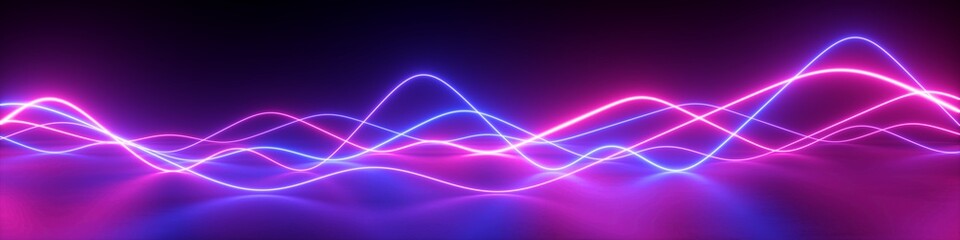 3d render, abstract panoramic background with pink blue wavy lines. Glowing neon light, impulse equalizer chart in ultraviolet spectrum © wacomka