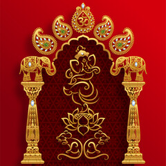 Festival of Ganesh Chaturthi with golden shiny Lord Ganesha patterned and crystals on paper color Background.